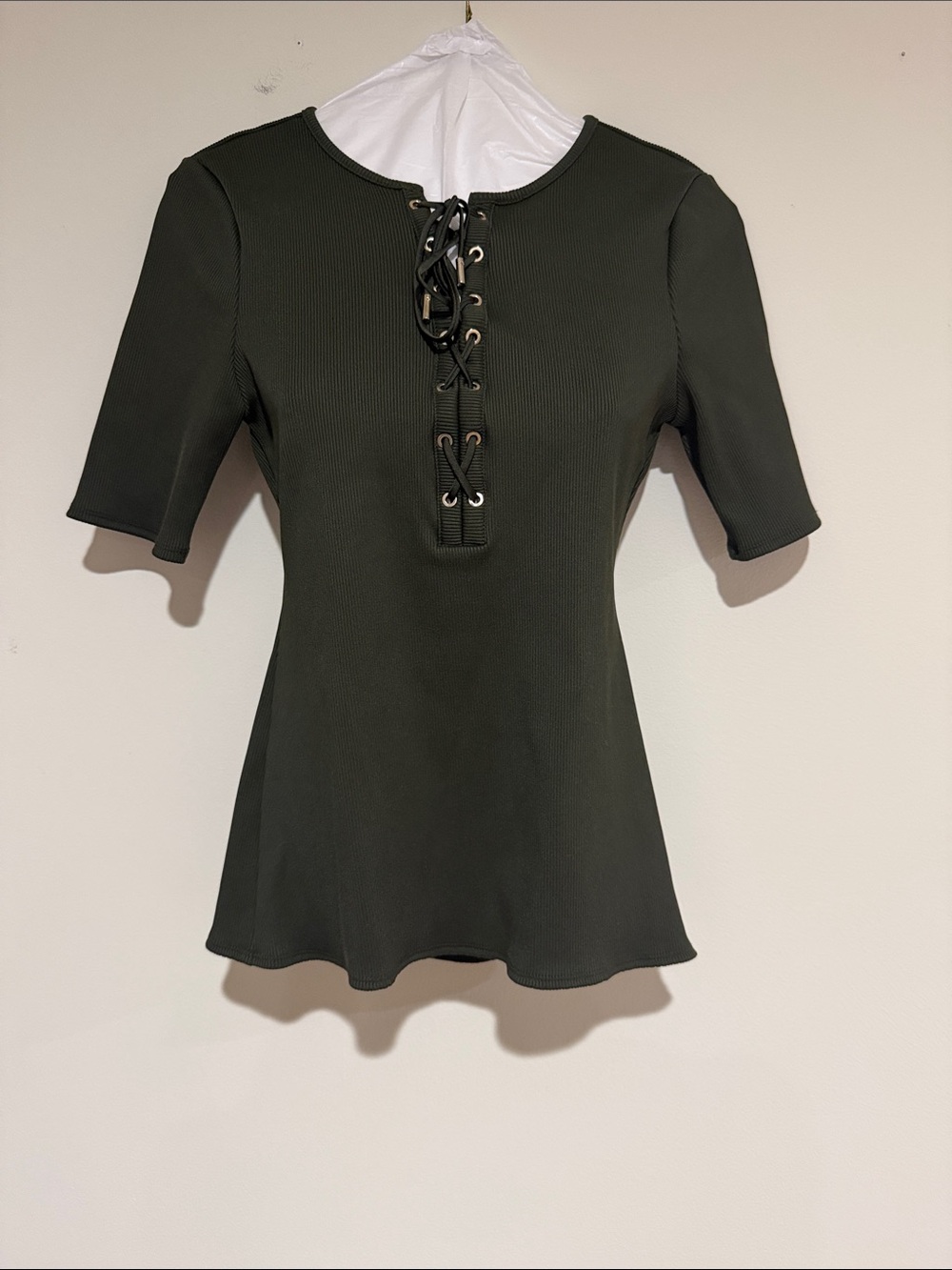 White House Black Market Olive Green Lace-Up Ribbed Forme Top